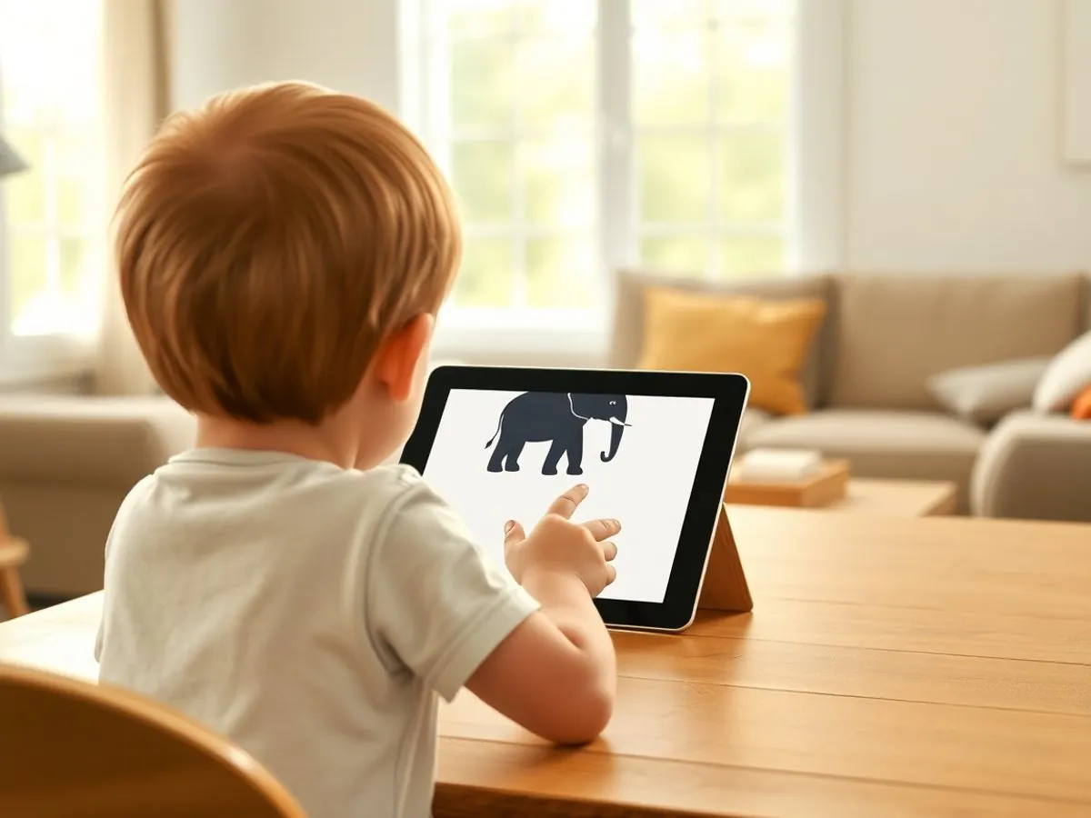 A child seen from behind at a table, tapping a tablet that shows an elephant and its shadow